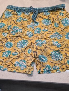 Sundance Yellow Floral Drawstring Bermuda Shorts with Teal Accents